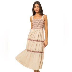 Women’s Cream Bohemian Embroidered Smocked Midi Dress NWT